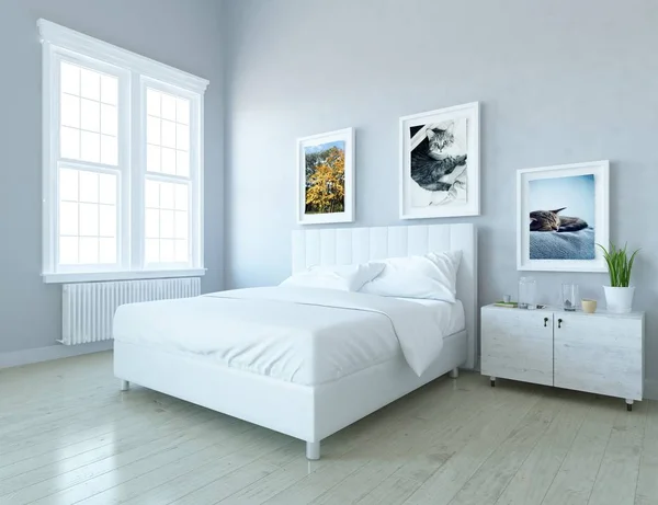 Idea Scandinavian Bedroom Interior Double Bed Pictures Large Wall Home — Stock Photo, Image