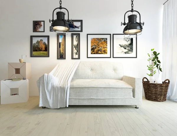Idea Scandinavian Bedroom Interior Double Bed Pictures Large Wall Home — Stock Photo, Image