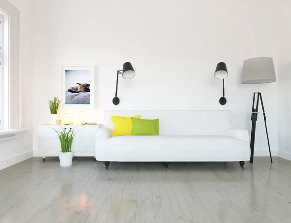 一个斯堪的纳维亚客厅内部的想法 植物和木地板 家北欧内饰 — 图库照片
