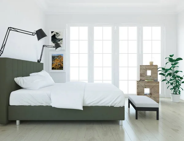 Idee Eines Skandinavischen Schlafzimmers Mit Doppelbett Und Bildern Der Großen — Stockfoto
