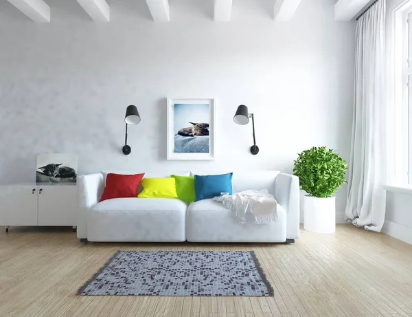提出了在沙发 植物和木地板上的斯堪的纳维亚客厅内部的想法 家北欧内饰 — 图库照片