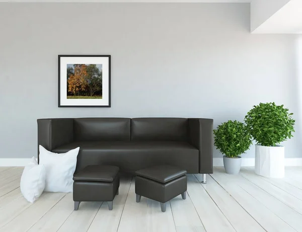 Idea Wnętrza Skandynawski Salon Sofą Rośliny Drewniane Podłogi Strona Główna — Zdjęcie stockowe