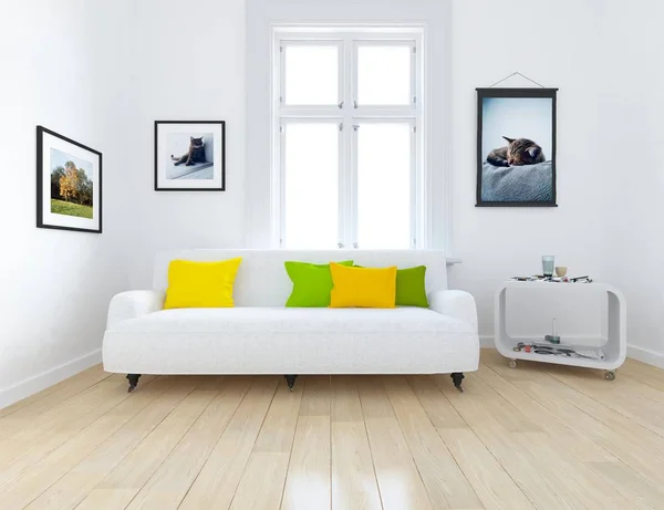 Představu Interiéru Skandinávskou Obývacího Pokoje Pohovkou Dřevěné Podlahy Výzdobu Velké — Stock fotografie