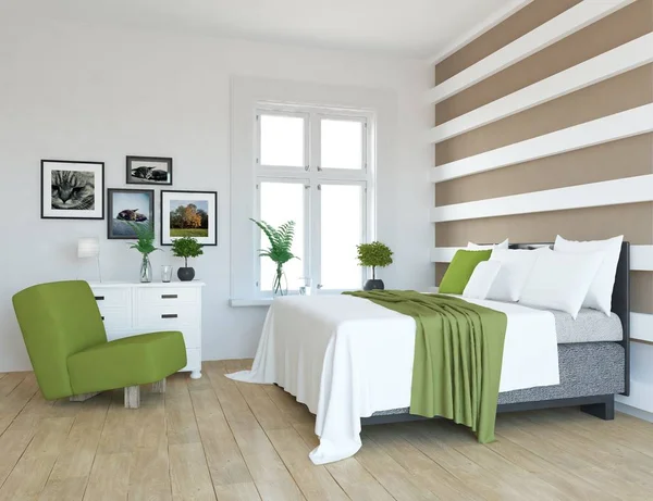 Idee Skandinavischer Schlafzimmereinrichtung Mit Großem Beigen Bett Mit Dekor Großer — Stockfoto