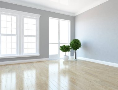 Boş İskandinav odası iç ahşap zemin üzerinde bitkiler ile fikir. Ev nordic iç. 3D çizim - illüstrasyon