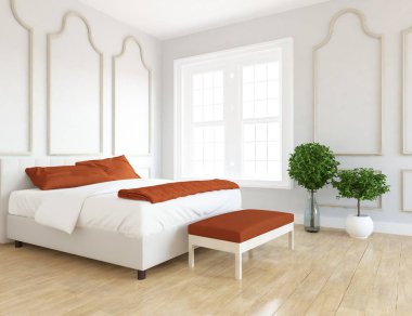 İskandinav yatak odası iç dekorasyonu ile büyük bej Oda fikri büyük duvar üzerinde. Nordic ev iç. 3D çizim - illüstrasyon