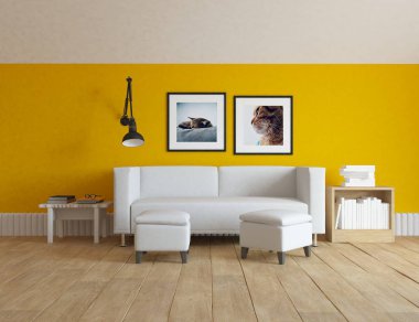 Bir İskandinav oturma odası iç kanepe ahşap zemin üzerinde ve büyük duvar dekor anlayışı. Ev nordic iç. 3D çizim - illüstrasyon