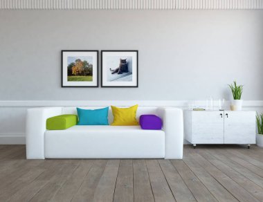 Bir İskandinav oturma odası iç kanepe, bitkiler ve ahşap zemin ile fikir. Ev nordic iç. 3D çizim 