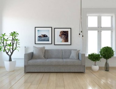 Bir İskandinav oturma odası iç kanepe, bitkiler ve ahşap zemin ile fikir. Ev nordic iç. 3D çizim 