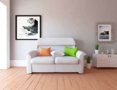 Bir İskandinav oturma odası iç kanepe, bitkiler ve ahşap zemin ile fikir. Ev nordic iç. 3D çizim 