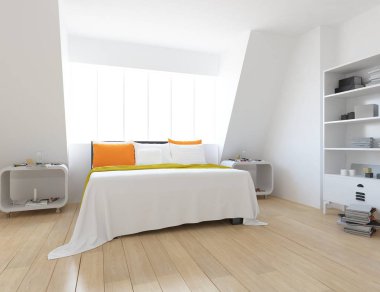 İskandinav yatak odası iç dekorasyonu ile büyük bej Oda fikri büyük duvar üzerinde. Nordic ev iç. 3D çizim - illüstrasyon