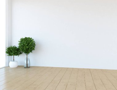 Boş İskandinav odası iç ahşap zemin üzerinde bitkiler ile fikir. Ev nordic iç. 3D çizim - illüstrasyon