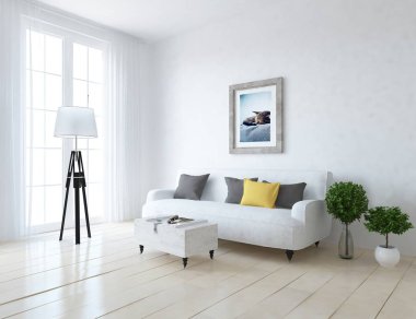 Bir İskandinav oturma odası iç kanepe, bitkiler ve ahşap zemin ile fikir. Ev nordic iç. 3D çizim 