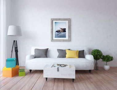 Bir İskandinav oturma odası iç kanepe, bitkiler ve ahşap zemin ile fikir. Ev nordic iç. 3D çizim 