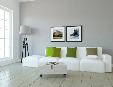 Bir İskandinav oturma odası iç kanepe ahşap zemin üzerinde ve büyük duvar dekor anlayışı. Ev nordic iç. 3D çizim - illüstrasyon