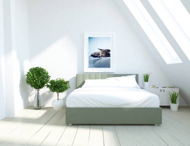 İskandinav yatak odası iç dekorasyonu ile büyük bej Oda fikri büyük duvar üzerinde. Nordic ev iç. 3D çizim - illüstrasyon