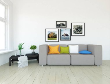 Bir İskandinav oturma odası iç kanepe, bitkiler ve ahşap zemin ile fikir. Ev nordic iç. 3D çizim 