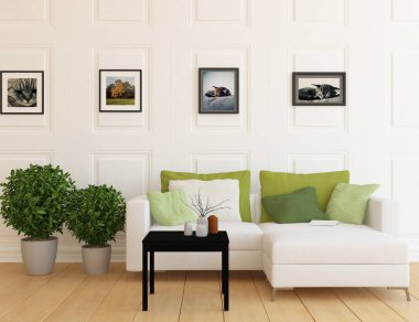 Bir İskandinav oturma odası iç kanepe, bitkiler ve ahşap zemin ile fikir. Ev nordic iç. 3D çizim 