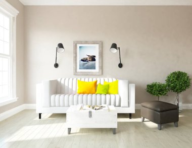 Bir İskandinav oturma odası iç kanepe, bitkiler ve ahşap zemin ile fikir. Ev nordic iç. 3D çizim 