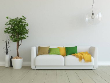 İskandinav oturma odası iç kanepe, bitki ve ahşap zemin ile fikir. Ev nordic iç. 3D çizim 