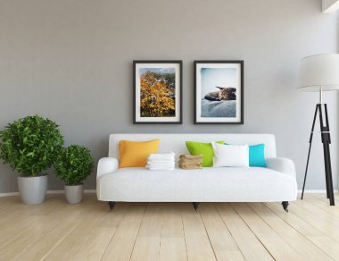 Bir İskandinav oturma odası iç kanepe, bitkiler ve ahşap zemin ile fikir. Ev nordic iç. 3D çizim 