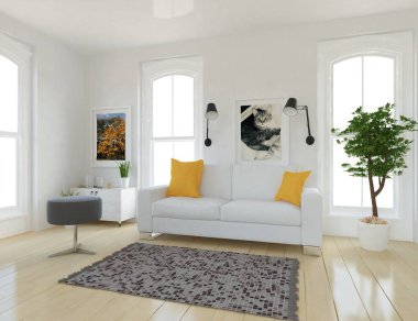 Bir İskandinav oturma odası iç kanepe, bitkiler ve ahşap zemin ile fikir. Ev nordic iç. 3D çizim 