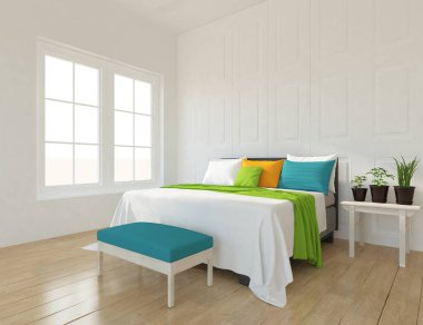 İskandinav oturma odası iç yatak ve ahşap zemin düşüncesi. Ev nordic iç. 3D çizim 