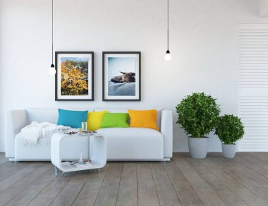 Bir İskandinav oturma odası iç kanepe, bitkiler ve ahşap zemin ile fikir. Ev nordic iç. 3D çizim 