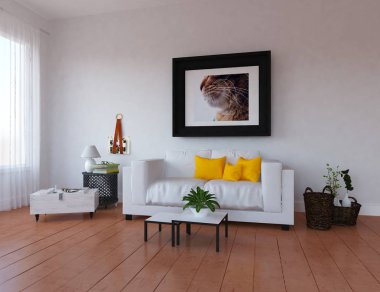 Bir İskandinav oturma odası iç kanepe, bitkiler ve ahşap zemin ile fikir. Ev nordic iç. 3D çizim 