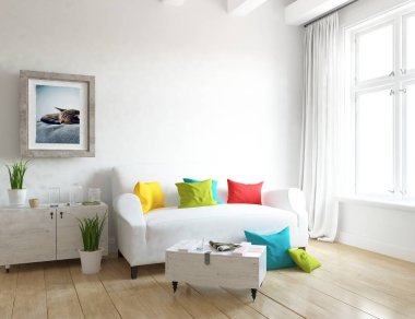 Bir İskandinav oturma odası iç kanepe, bitkiler ve ahşap zemin ile fikir. Ev nordic iç. 3D çizim 