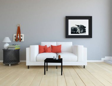 Bir İskandinav oturma odası iç kanepe ahşap zemin üzerinde ve büyük duvar dekor anlayışı. Ev nordic iç. 3D çizim - illüstrasyon