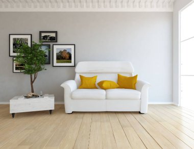 İskandinav oturma odası iç kanepe, bitki ve ahşap zemin ile fikir. Ev nordic iç. 3D çizim 