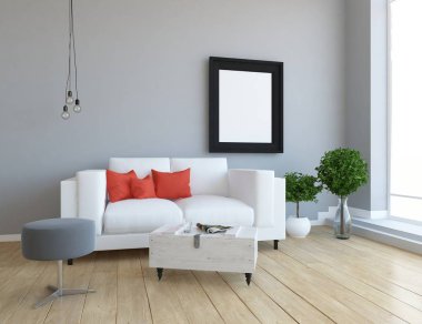 Bir İskandinav oturma odası iç kanepe, bitkiler ve ahşap zemin ile fikir. Ev nordic iç. 3D çizim 