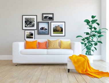 İskandinav oturma odası iç kanepe, bitki ve ahşap zemin ile fikir. Ev nordic iç. 3D çizim 