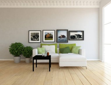 Bir İskandinav oturma odası iç kanepe, bitkiler ve ahşap zemin ile fikir. Ev nordic iç. 3D çizim 