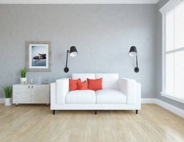 Bir İskandinav oturma odası iç kanepe, bitkiler ve ahşap zemin ile fikir. Ev nordic iç. 3D çizim 