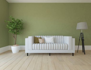 İskandinav oturma odası iç kanepe, bitki ve ahşap zemin ile fikir. Ev nordic iç. 3D çizim 