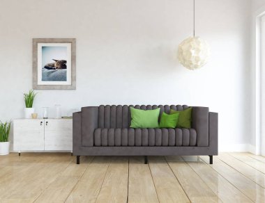 Bir İskandinav oturma odası iç kanepe, bitkiler ve ahşap zemin ile fikir. Ev nordic iç. 3D çizim 