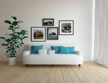 İskandinav oturma odası iç kanepe, bitki ve ahşap zemin ile fikir. Ev nordic iç. 3D çizim 