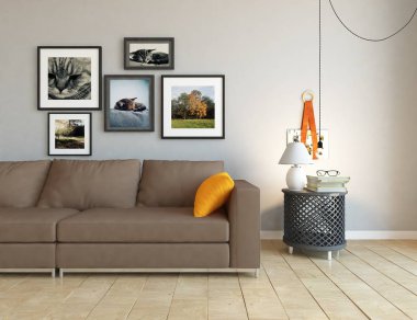 Bir İskandinav oturma odası iç kanepe ahşap zemin üzerinde ve büyük duvar dekor anlayışı. Ev nordic iç. 3D çizim - illüstrasyon