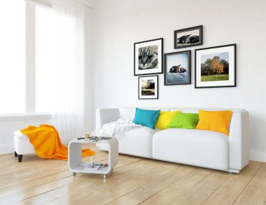 Bir İskandinav oturma odası iç kanepe ahşap zemin üzerinde ve büyük duvar dekor anlayışı. Ev nordic iç. 3D çizim - illüstrasyon