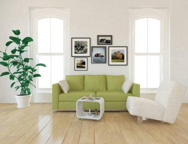 İskandinav oturma odası iç kanepe, bitki ve ahşap zemin ile fikir. Ev nordic iç. 3D çizim 