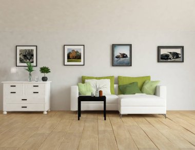 Bir İskandinav oturma odası iç kanepe, bitkiler ve ahşap zemin ile fikir. Ev nordic iç. 3D çizim 