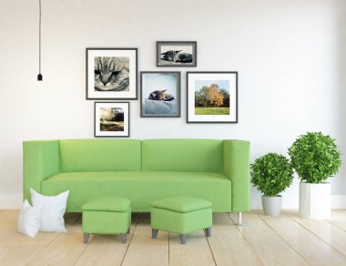 Bir İskandinav oturma odası iç kanepe, bitkiler ve ahşap zemin ile fikir. Ev nordic iç. 3D çizim 