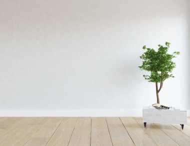 Boş İskandinav odası iç ahşap zemin üzerinde bitki ile fikir. Ev nordic iç. 3D çizim - illüstrasyon