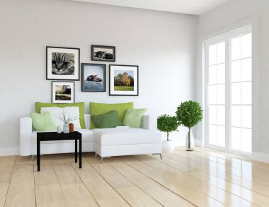 Bir İskandinav oturma odası iç kanepe, bitkiler ve ahşap zemin ile fikir. Ev nordic iç. 3D çizim 