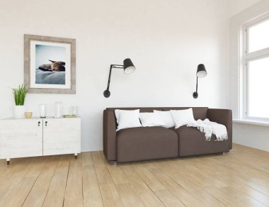 İskandinav oturma odası iç kanepe, bitki ve ahşap zemin ile fikir. Ev nordic iç. 3D çizim 