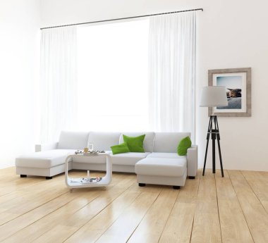 Bir İskandinav oturma odası iç kanepe ahşap zemin üzerinde ve büyük duvar dekor anlayışı. Ev nordic iç. 3D çizim - illüstrasyon