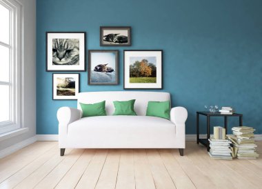 Bir İskandinav oturma odası iç kanepe ahşap zemin üzerinde ve büyük duvar dekor anlayışı. Ev nordic iç. 3D çizim - illüstrasyon