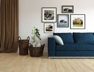 Bir İskandinav oturma odası iç kanepe, bitkiler ve ahşap zemin ile fikir. Ev nordic iç. 3D çizim 